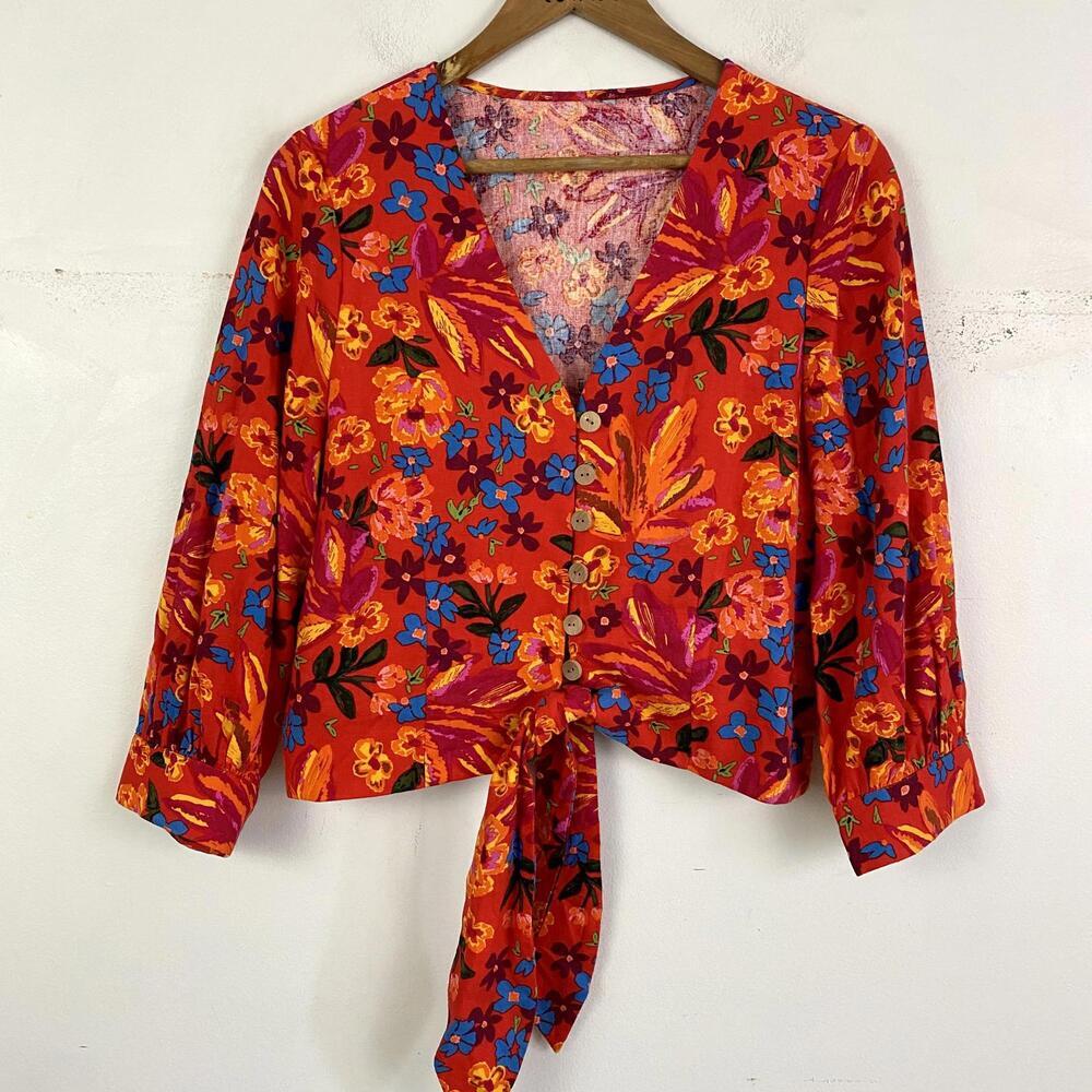 ANTHROPOLOGIE Maison d’Amelie red floral linen blouse